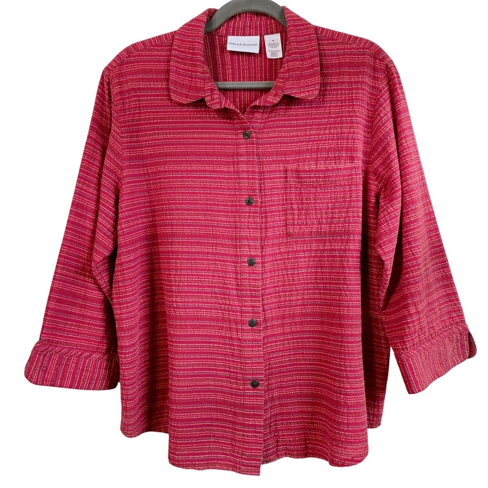 Alfred Dunner Women Sz 16‎ Classic Red Striped Button Front Shirt 3/4 Sleeve Top